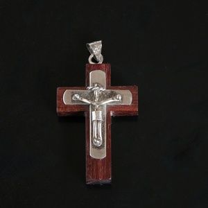 Vintage Silver Wooden Religious Cross Pendant